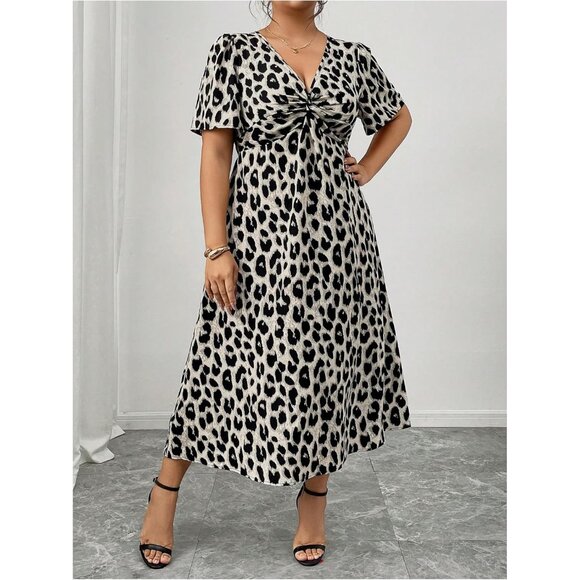 Women's Plus Size Leopard Print Midi Dress V Neck Short Sleeve A Line - Picture 5 of 5